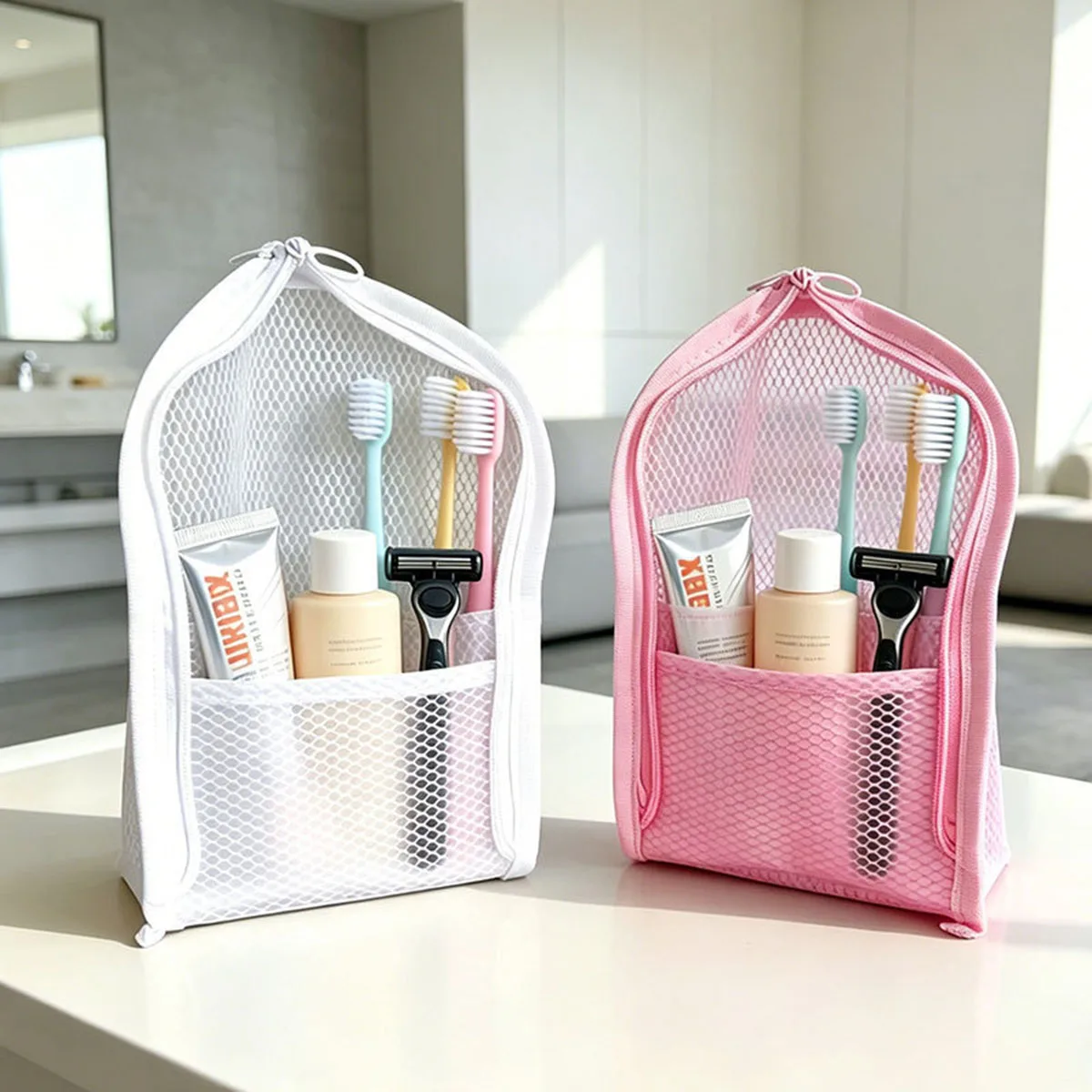 Beauty Makeup Case - Standing Mesh Toiletry Bag for Travel